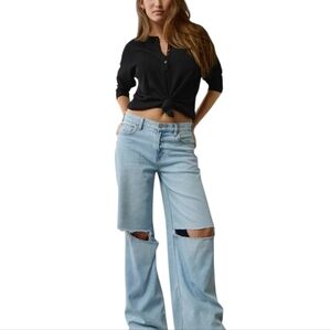 New Women's 100% Cotton Aerie Henley Long Sleeve Black Knit Top 1/4" Button Top